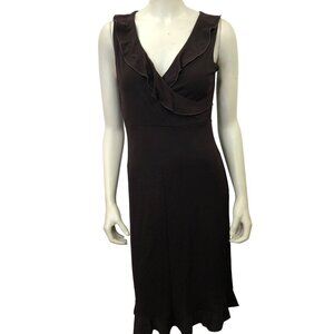 MAX STUDIO DARK BROWN RUFFLE NECK HEM DRESS‎ MD